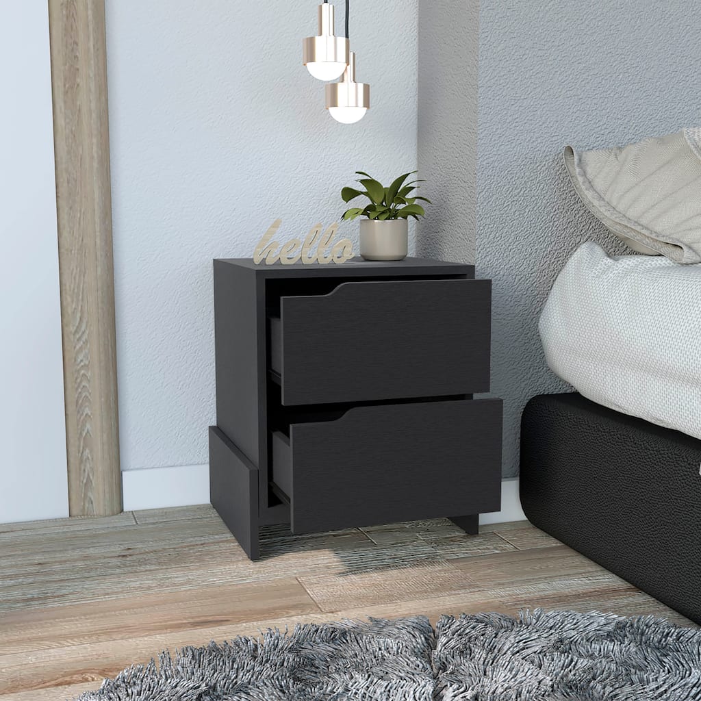 Black Wengue Nightstand with Double Drawers and Sturdy Base