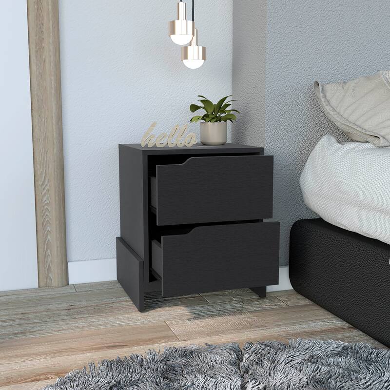Nightstand Brookland, Bedside Table with Double Drawers and Sturdy Base - Black