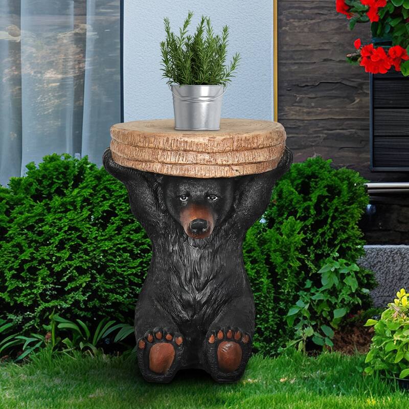 Rustic 20.8" H Black Bear Side Table Bear Statue Holding a Tree Stump Tray Adding a Touch of Woodland Charm to Your Porch, Patio