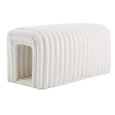 Beige Corduroy Storage Bench with Rabbit Plush Cushion Arch Hollow Design Multi Functional Seat - 33" x 16.93" x 16.53"