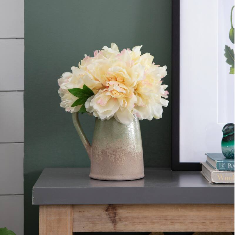 4 Pack Faux Peony White with Pink, Delicate Artificial Flowers - White/Pink