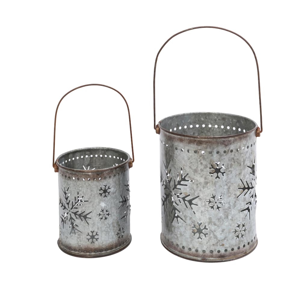 Set of 2 Nesting Metal Galvanized Snowflake Luminaries - Silver