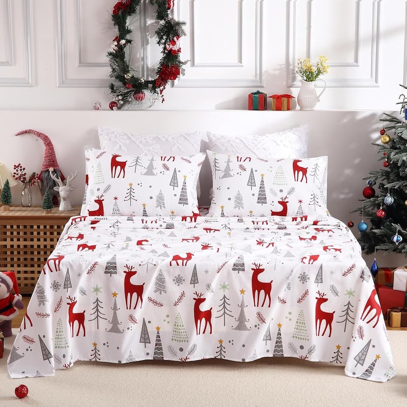 Christmas Soft Forest Deer Bed Sheets Set with 16 Inches Deep Pocket - King