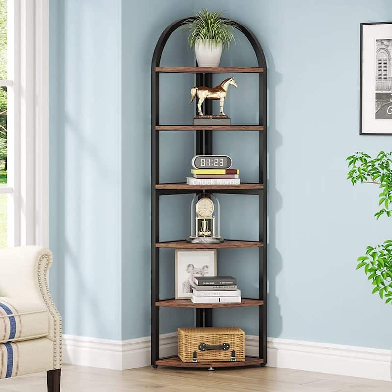 6 Tier Corner Shelf, Tall Corner Bookshelf, Freestanding Display Book Shelf - Rustic