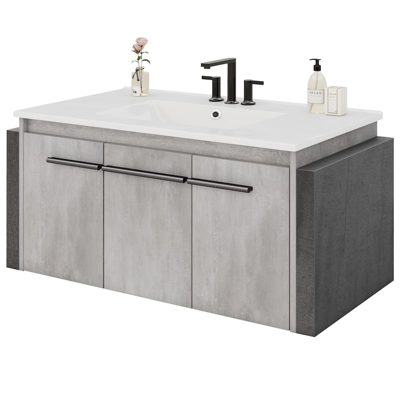 38" Wall-Mounted Modern Bathroom Vanity With Sink Combo and Double Doors Cabinet