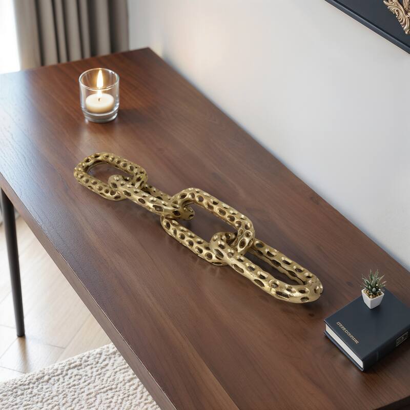 Metal Coastal Chain Sculpture with Textured Links and Openwork Design - Gold/ Metallic - 24.25" x 4" x 1"