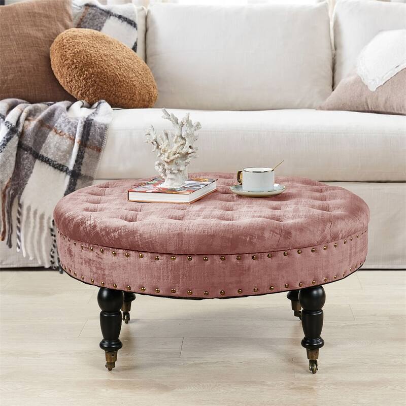 Round Velvet Tufted Coffee Table Ottoman, 34" x 34" x 17" H