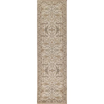 All-Over Ivory Oushak Oriental Runner Rug Hand-Knotted Wool Carpet - 2'6"x 11'9"