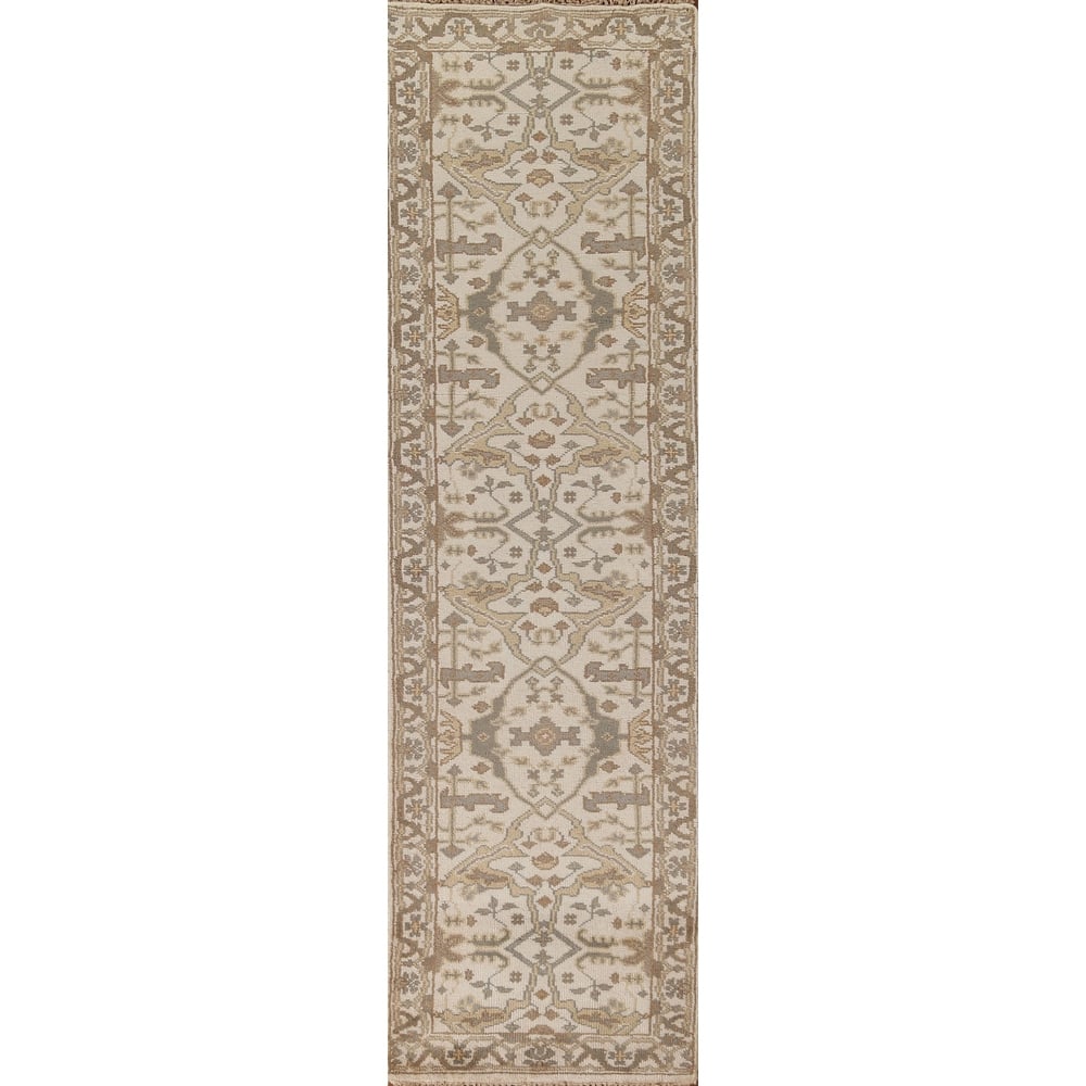 All-Over Ivory Oushak Oriental Runner Rug Hand-Knotted Wool Carpet - 2'6"x 11'9"