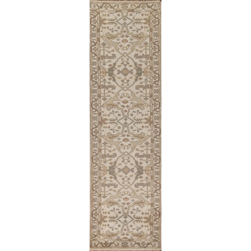 All-Over Ivory Oushak Oriental Runner Rug Hand-Knotted Wool Carpet - 2'6"x 11'9"