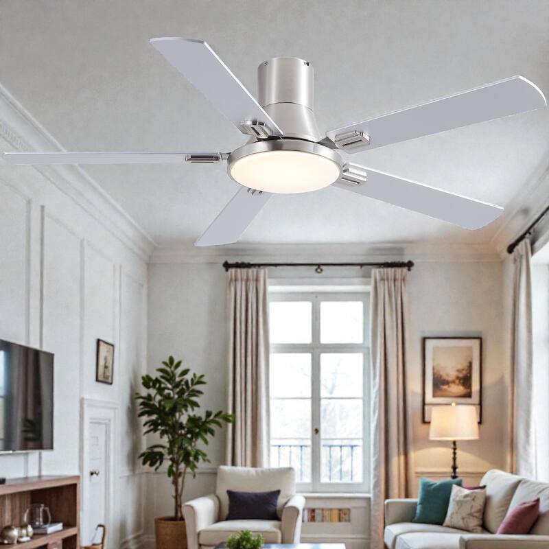 52 Inch Modern Minimalist Flush Mount Ceiling Fan with Light, Reversible DC Motor, Remote, Double-Sided Blades