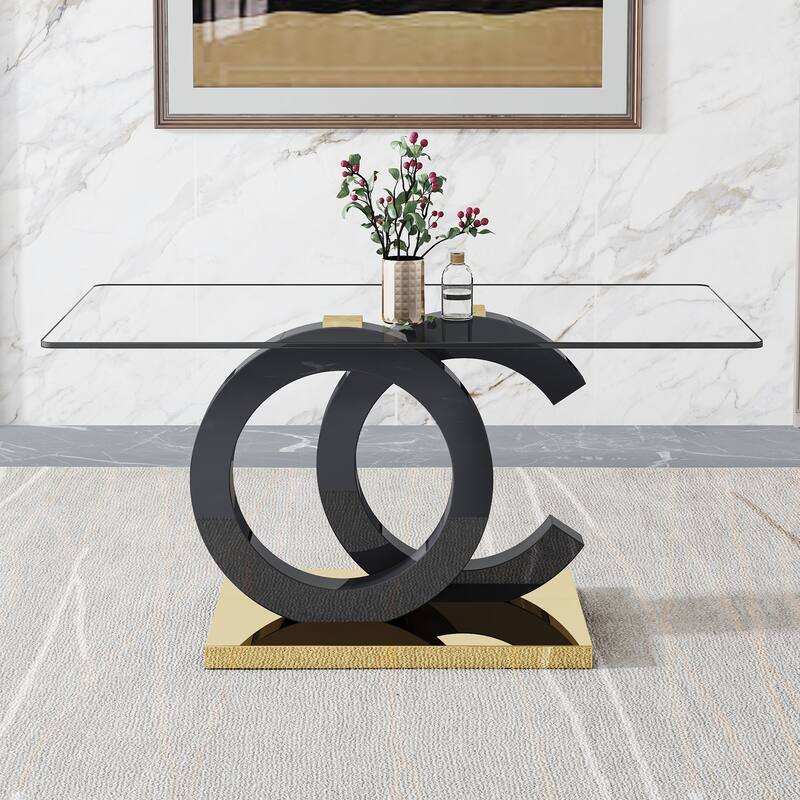 Contemporary Glass Dining Table‌ – Rectangular 6-8 Seater with 0.39" Tempered Glass Top, Black MDF Frame & Sturdy Metal Base