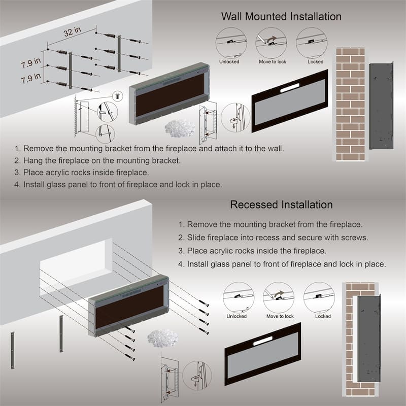 60 Inch Electric Fireplace,Recessed and Wall Mounted Fireplace