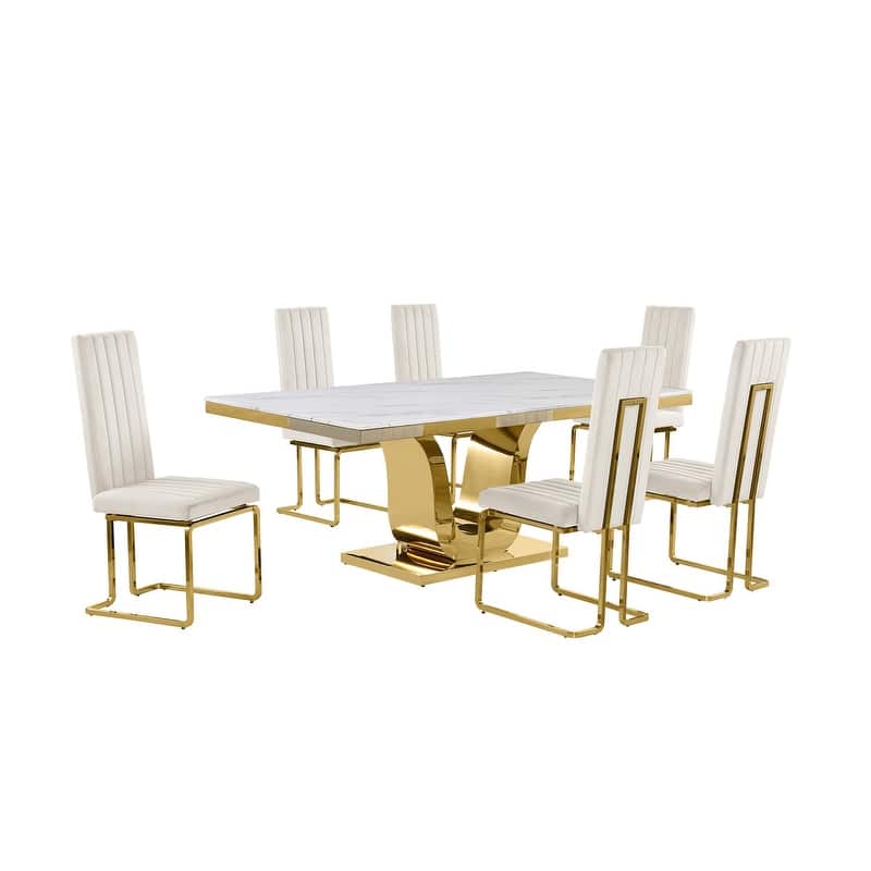 Best Quality Furniture D321-SC344-7 Dining Set with 78" White Marble Top