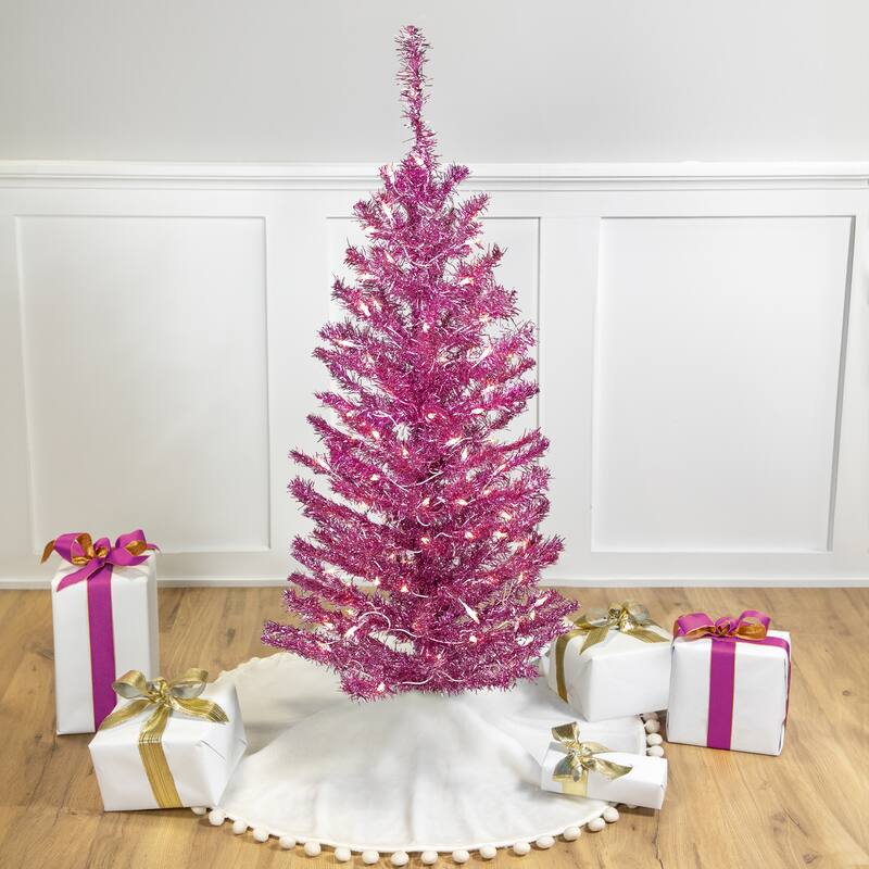 Pre-Lit Artificial Tinsel Christmas Tree - 4' - Two Tone Pink - Clear Lights - 4 Foot