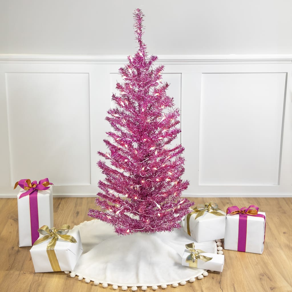 Pre-Lit Artificial Tinsel Christmas Tree - 4' - Two Tone Pink - Clear Lights - 4 Foot
