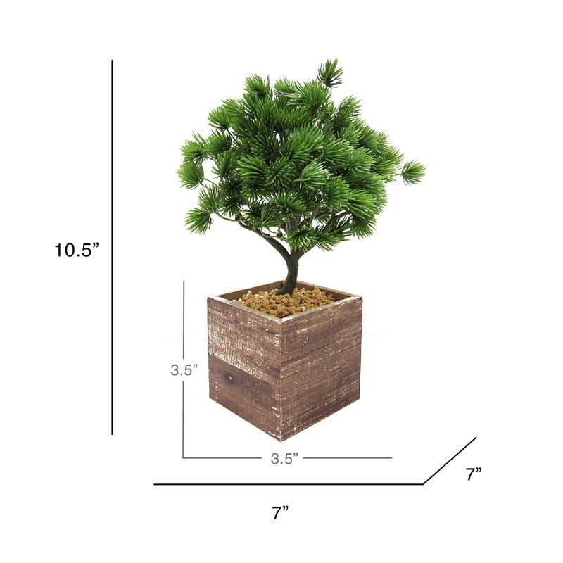 Artificial Desktop Pine Bonsai Tree in Square Wood Pot 10.5in - 10.5" H x 7" W x 7" DP