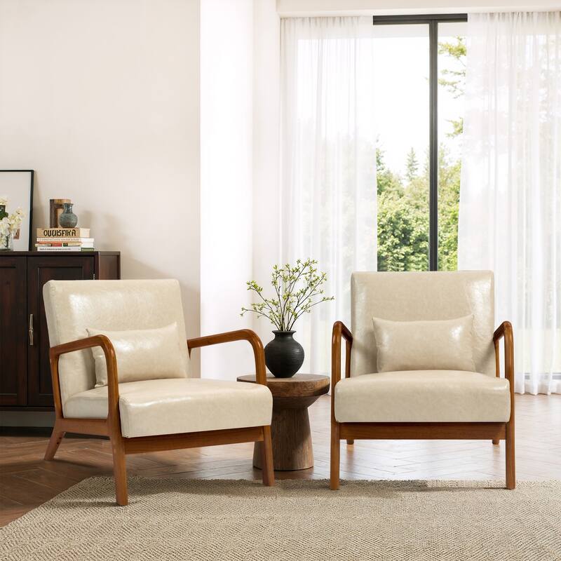 2 Set Mid-Century Modern Faux Leather Accent Chairs with Cushion - Cream/Brown wood