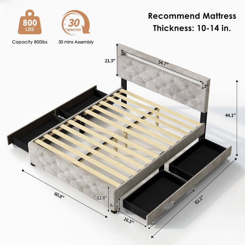Platform Bed with Headboard and 4 Drawers,Footboard,LED Light,Storage Bed,Velvet Upholstered Bed