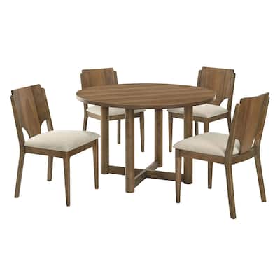 5-piece Round Wooden Dining Table Set in Walnut and Beige
