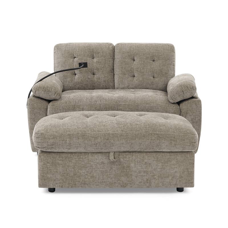 Double Recliner Chair with Adjustable Backrest, Storage Ottoman, USB Port & Phone Stand