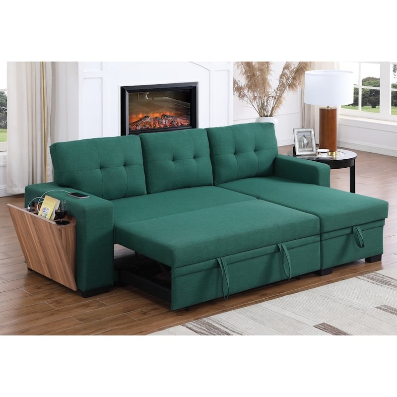 Linen L-Shaped Convertible Sectional Sofa Bed with Storage and Wooden Accent - Green