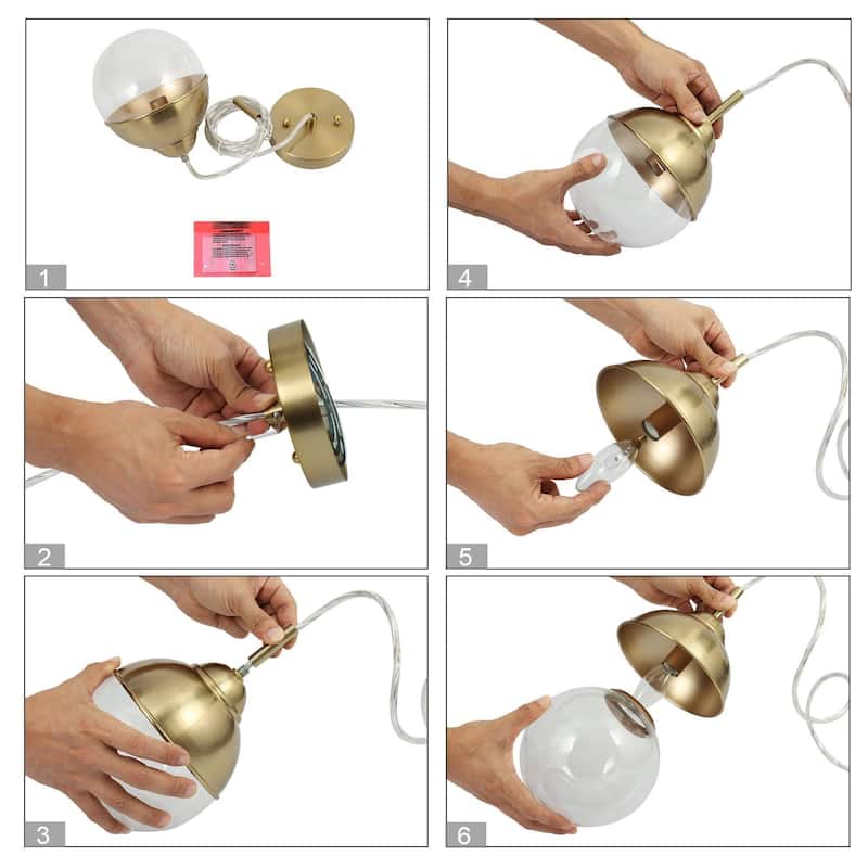 Modern Gold 1-Light Glass Globe Pendant Lights Kitchen Island Lights for Dining Room - 6" D x 9" H