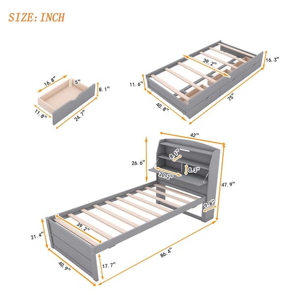 dimension image slide 0 of 3, Twin Size Wooden LED Platform Bed with Trundle, with Storage Headboard, with Drawers