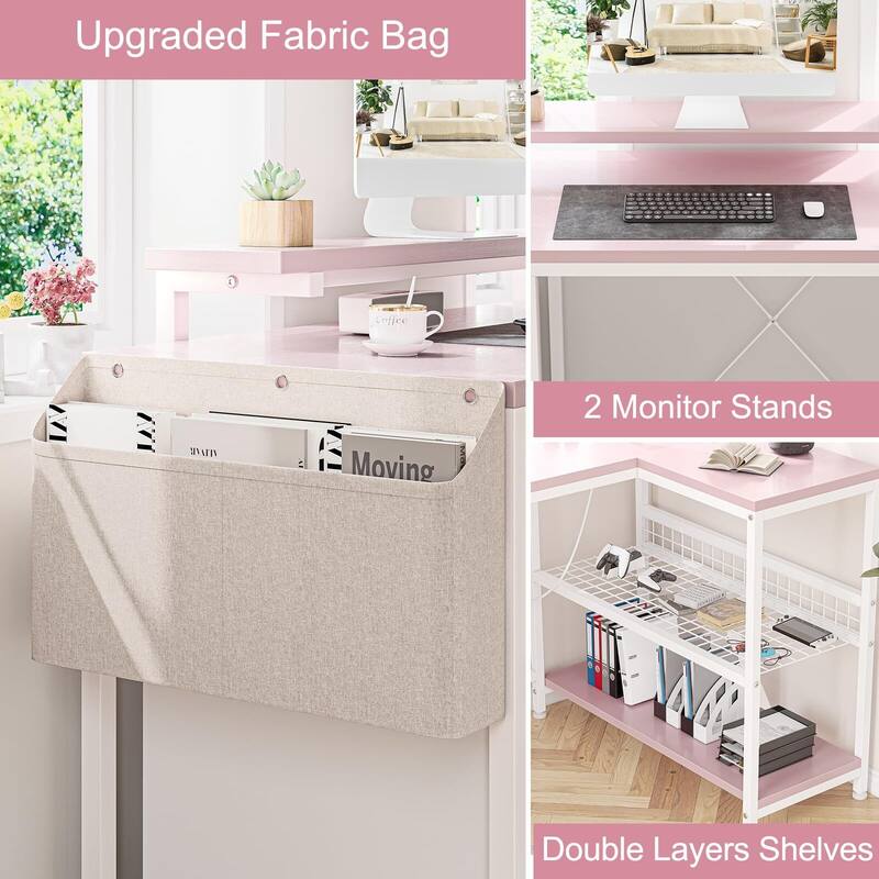 L Shaped Computer Desk with Power Outlets & LED Light, 49.6" Reversible Corner Computer Desk