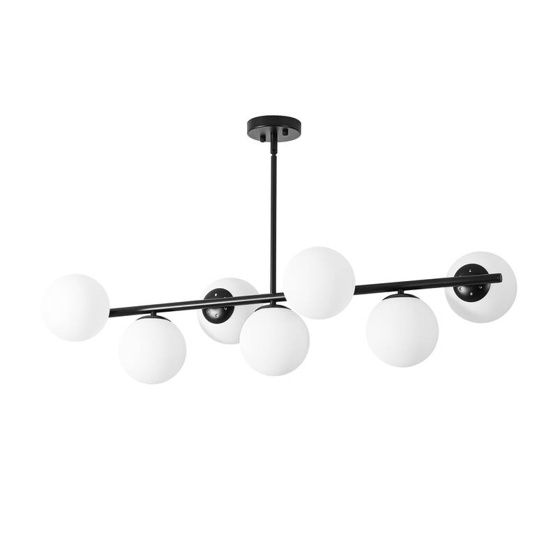 7-Light Mid-Century Modern Gold/Black Sputnik Metal Island Lights with Opal Glass Globe Shades for Kitchen, Dining Room