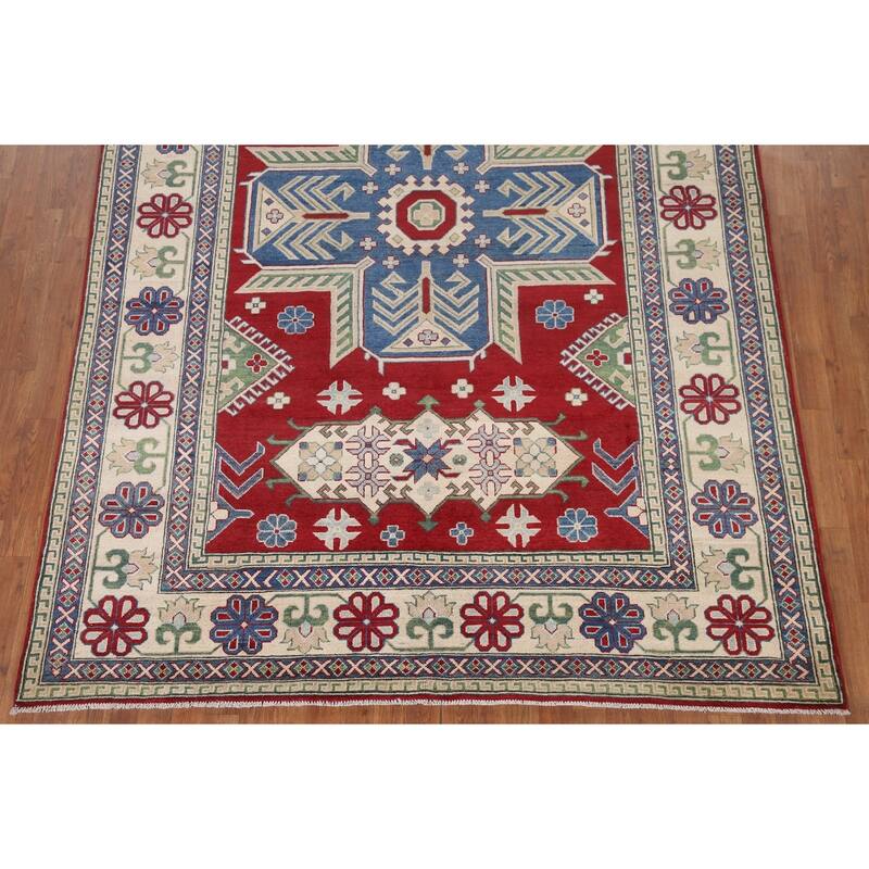 Hand Knotted Oriental 100% Wool Carpet Traditional Geometric Red Kazak Area Rug - 9' 10'' X 6' 9''