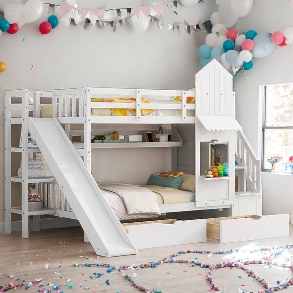 slide 2 of 13, Sturdy Construction & Unique Twin-Over-Twin Castle Style Bunk Bed with 2 Drawers 3 Shelves & Slide,White White