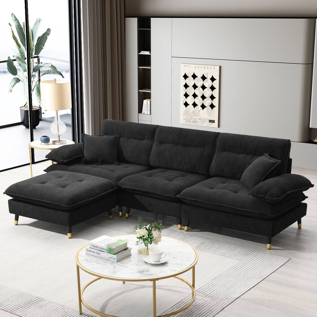 Black 106" L-Shaped 4-Seat Convertible Sofa with Adjustable Legs and Ottoman