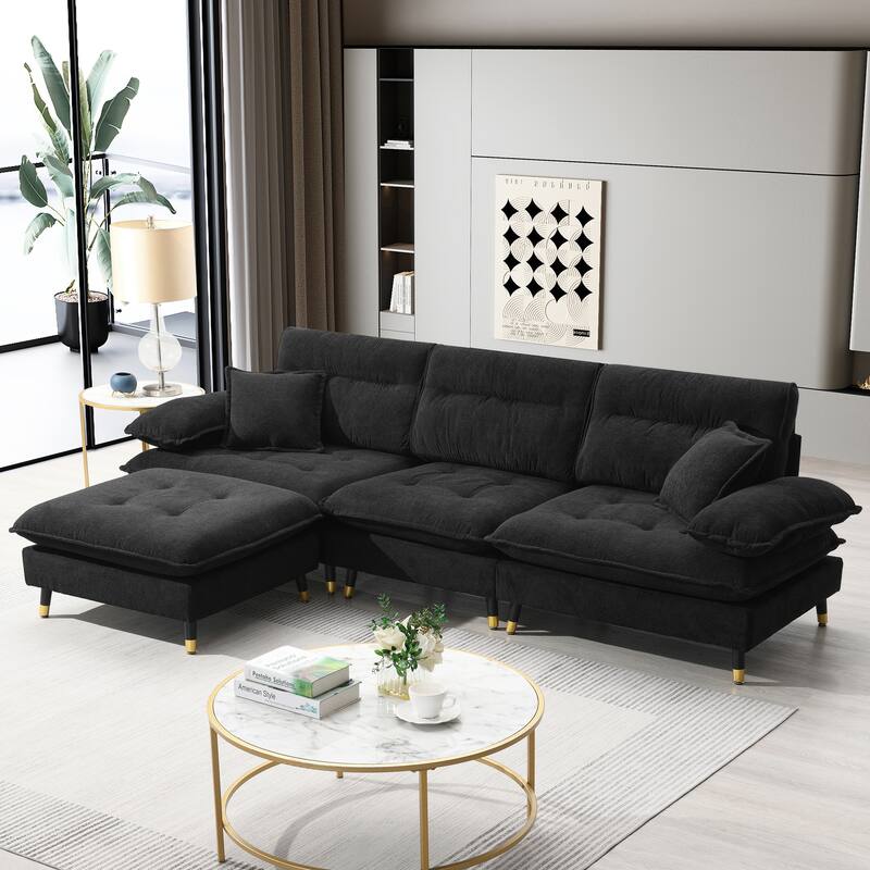 Black 106'' L-Shaped 4 Seater Convertible Sectional Sofa with Adjustable Two-Tone Legs, Movable Ottoman - Black