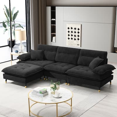 Black 106'' L-Shaped 4 Seater Convertible Sectional Sofa with Adjustable Two-Tone Legs, Movable Ottoman