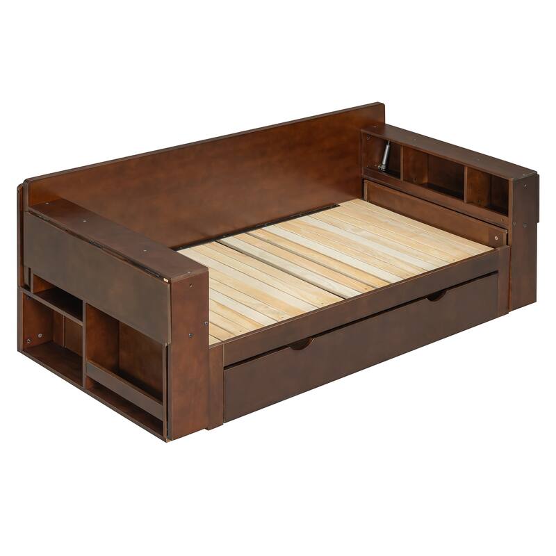 Full Size Daybed with Removable Desk, Storage Drawers & Hydraulic Side Table