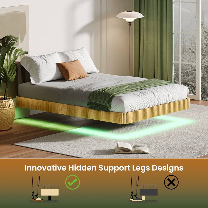 Oak Queen Floating Bed Frame with LED Lights