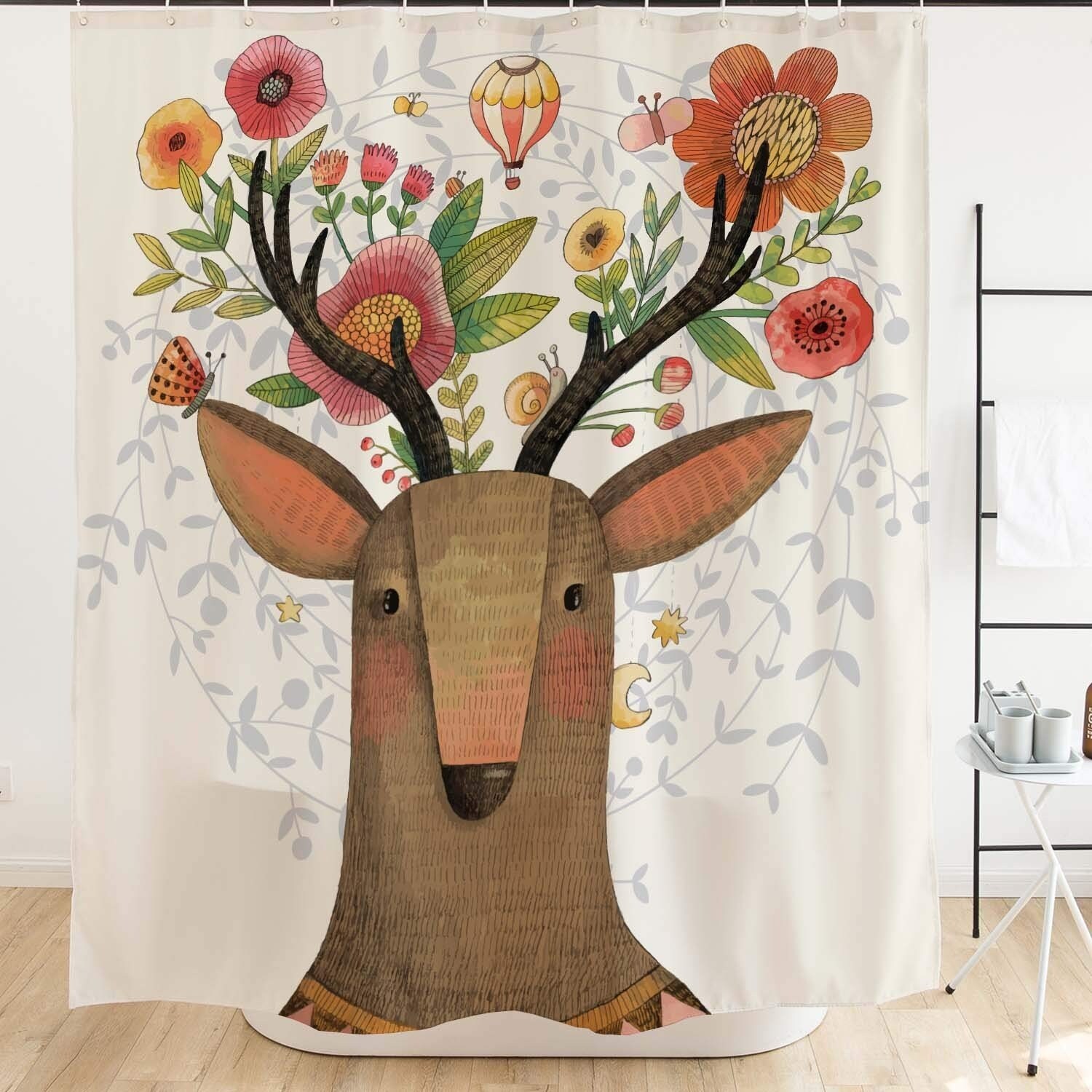 Shop Deer Horns Flower Decor Shower Curtain Set Bathroom Accessories 71x71 Overstock 22822353