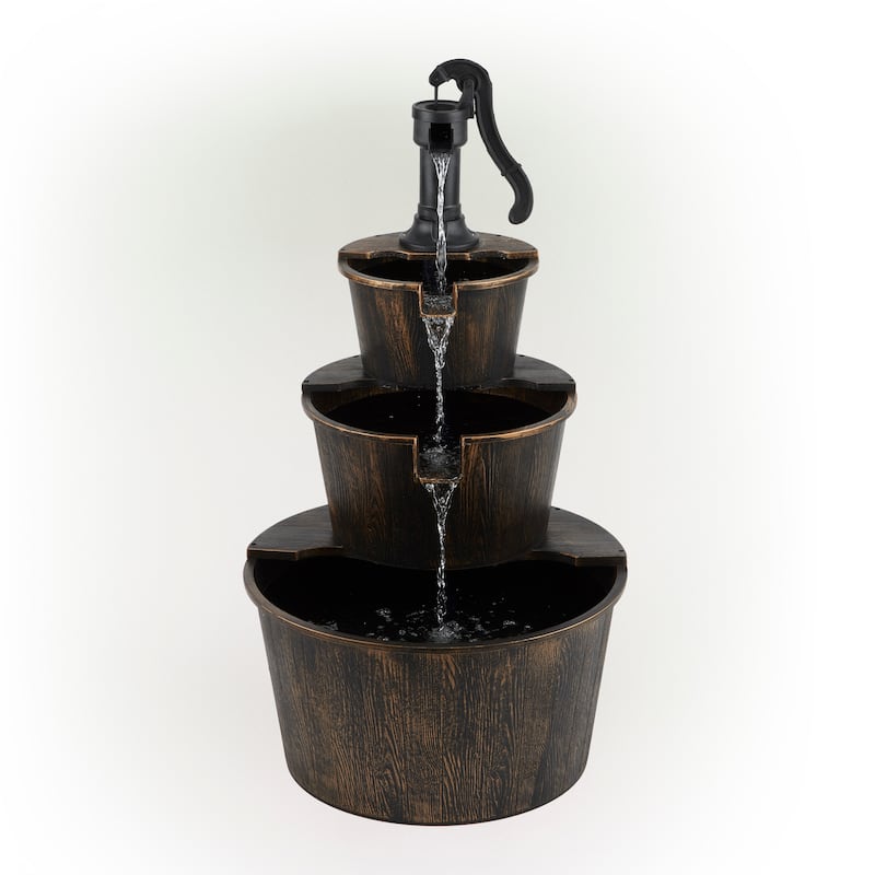 Alpine Corporation TEC234BR 40" Tall Brown Outdoor 3 Tier Rustic Pump and Barrel Water Fountain