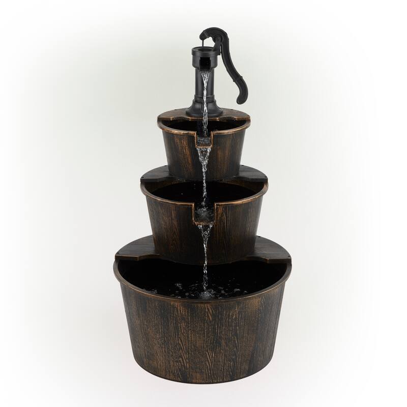 Alpine Corporation 40" Tall Outdoor 3-Tier Barrel Pump Waterfall Fountain, Brown