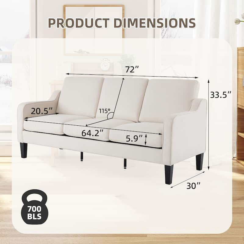 Erommy 3 Seat Sofa, 72" Sofa Couch for Living Room, Modern Fabric Couch with 4 Wood Legs, 2 Metal Support Rods for Bedroom