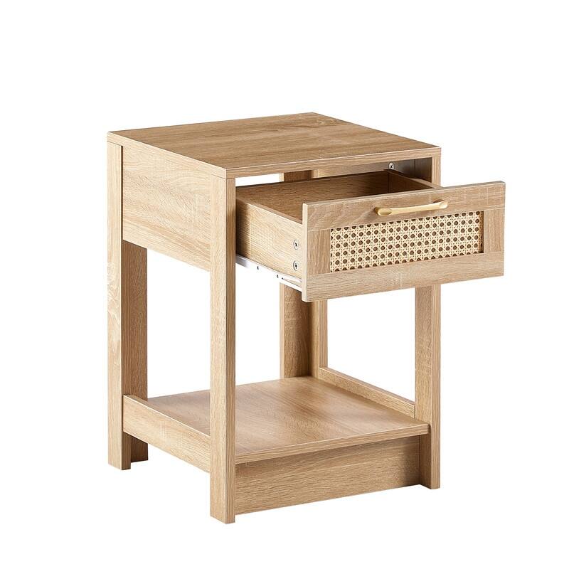 Mid-Century End Table with Storage Drawer and Open Shelf Rattan Bedside Table Small Side Table