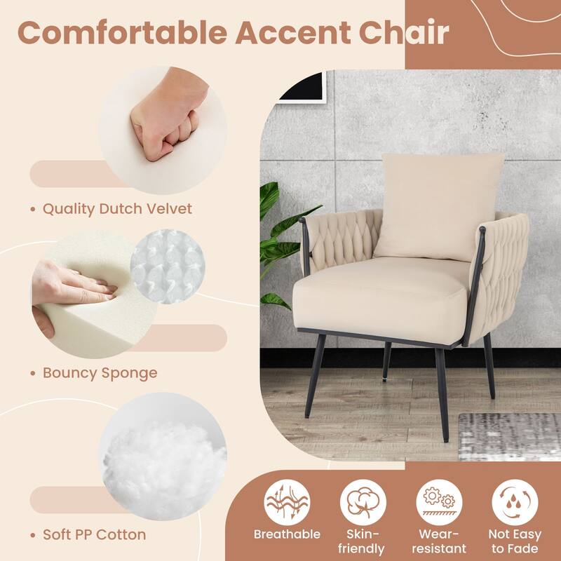 Dutch Velvet Accent Chair with Ottoman and Pillow on Black Metal Frame - 26” x 25.5” x 32”
