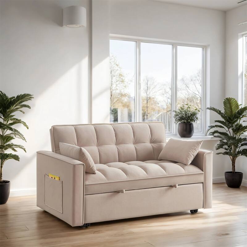 4 in1 Tufted Pull-out Sofa Bed with Backrest, Pillows, Storage Pockets