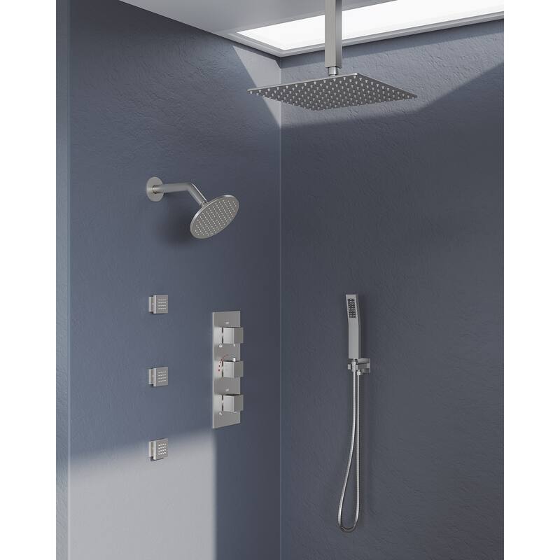 GRANDJOY Dual Shower Heads 12" Rainfall Shower System with 3 Body Jets and Handheld Shower - Brushed Nickel