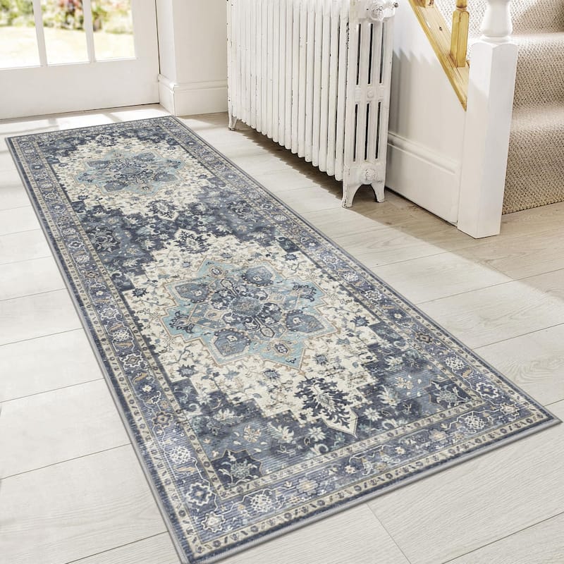 Mcow Floral Faded Low Pile Machine Washable Non-Slip Area Rug - 2'X7' - Blue - Rectangle