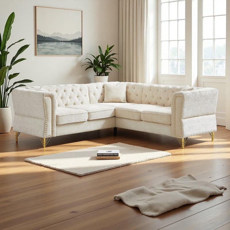 81.5" Chenille L-Shaped Sectional Sofa, 5-Seater Corner Couch with 3 Cushions - Beige
