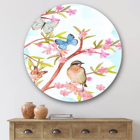 Designart 'Clever Bird Sitting On Branch of A Spring Tree' Traditional Metal Circle Wall Art
