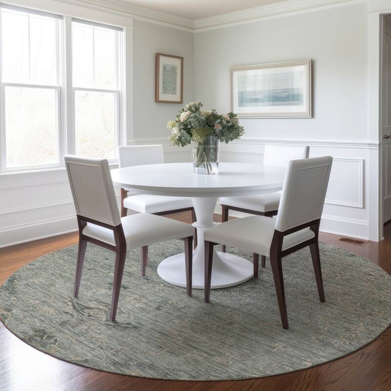 Machine Washable Indoor/ Outdoor Vintage Traditional Chantille Rug - Sage - 8' x 8'