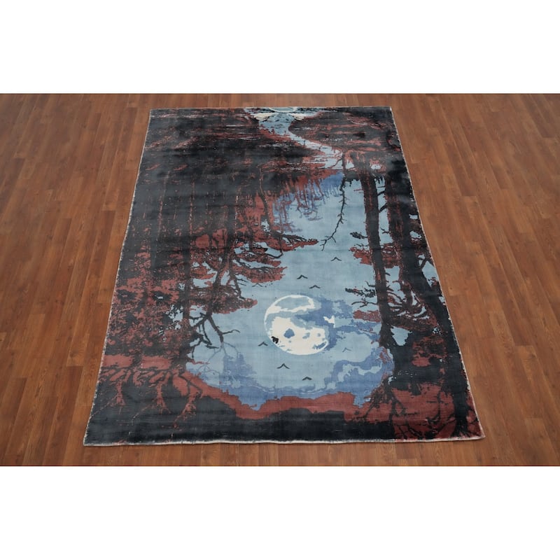 Hand Knotted Oriental Viscose Silk Carpet Modern Pictorial Multi-Colored Abstract Area Rug - 7' 8'' X 5' 7''